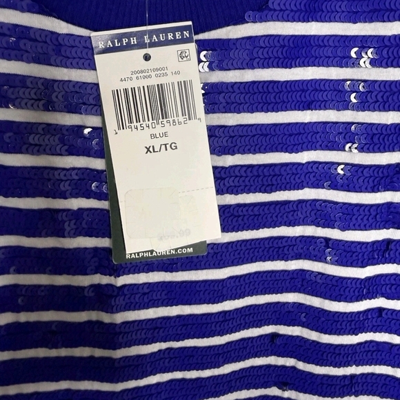 Ralph Lauren Women Sequined Navy and White Striped Tee - Picture 4 of 5